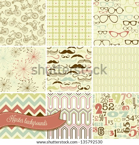 Hipster retro seamless backgrounds mustaches spectacles numbers bicycles Hipster retro seamless backgrounds mustaches spectacles numbers bicycles