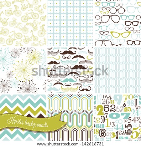 Hipster retro seamless backgrounds mustaches spectacles numbers bicycles Hipster retro seamless backgrounds mustaches spectacles numbers bicycles