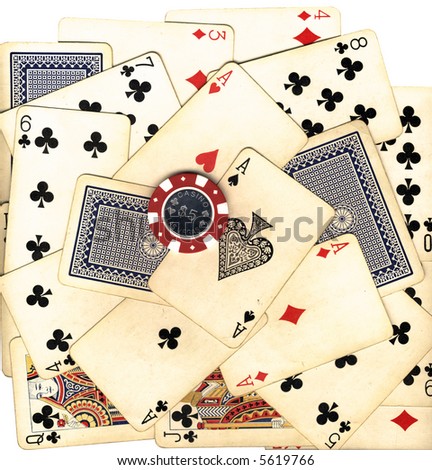 Old vintage cards and gambling chip (with clipping path)