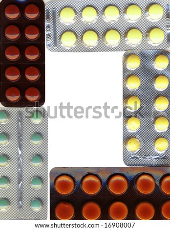 A frame made of different pills, isolated on white with clipping path