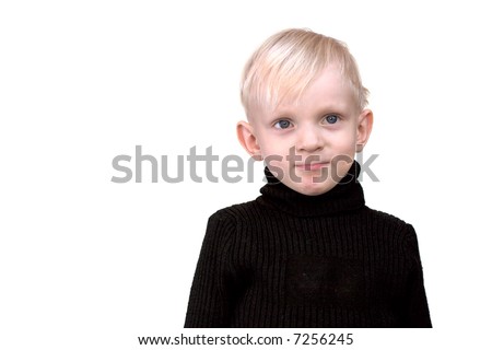 stock photo : Serious boy with blond hair and blue eyes wearing black