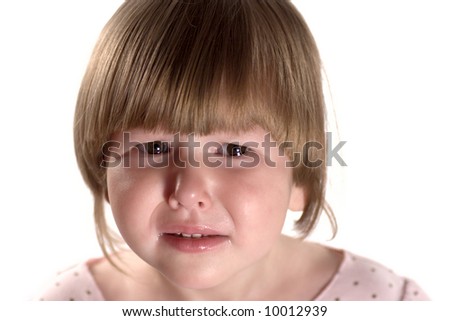 stock photo Facial portrait of upset crying Little girl isolated on white