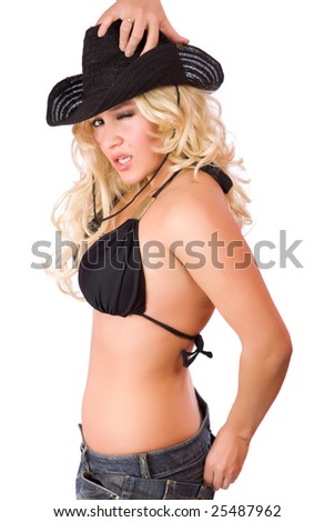 stock photo Hot Cowgirl wearing bikini and straw isolated on white