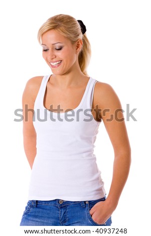 stock photo Shy Girl looking down wearing white top isolated on white