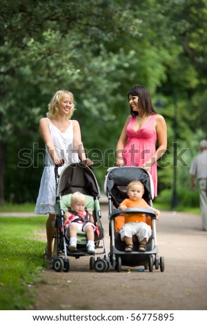 Kids Prams on Happy Mothers Walking Together With Kids In Prams Stock Photo 56775895