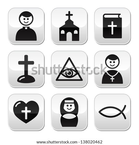 Religion, catholic church vector buttons set