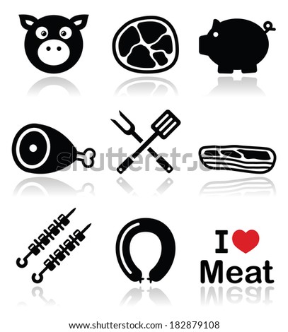 Pig pork meat ham and bacon icons set Pig pork meat ham and bacon icons set