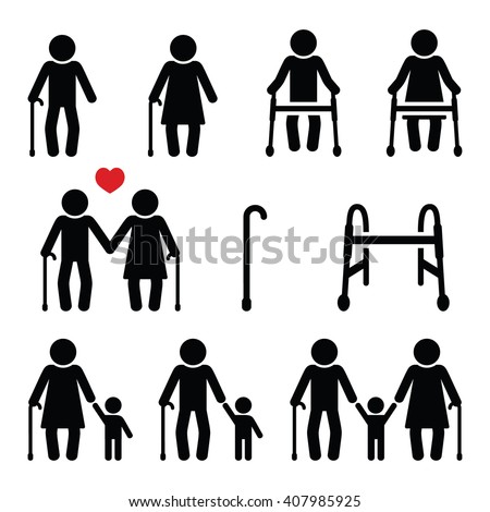 Old people, seniors with walking stick or Zimmer frame, grandparents icons
