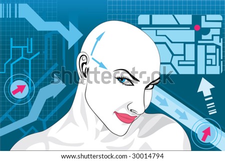 stock vector : bald girl with blue tattoo on blue background