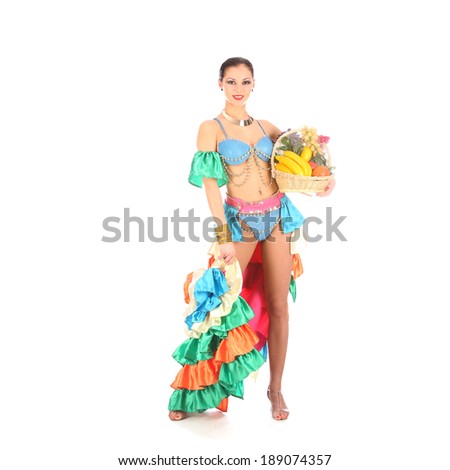 Burlesque dancer with rainbow dress and fruits hat, isolated on white