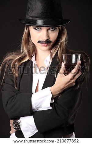 Blonde girl with mustache looking at camera, look like a man