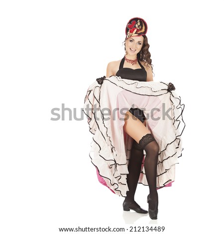 Burlesque dancer with red long dress for can-can, isolated on white