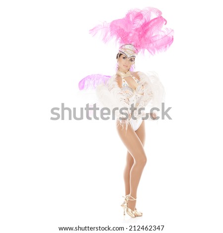 Burlesque dancer in white dress with pink plumage, isolated on white