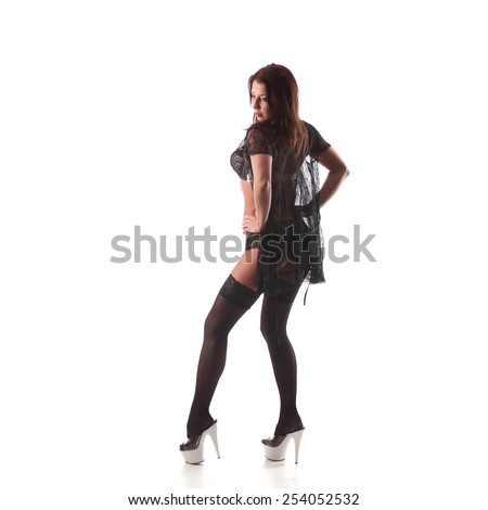 one sexy burlesque dancer woman stripper showgirl in studio isolated on white background