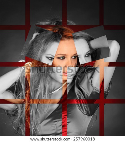 Red dress beauty girl sexy eyes, studio, cosmetics and visage mosaic concept