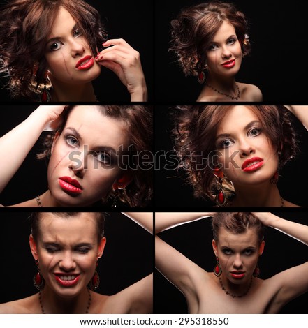 collage of beautiful girl with a scar on face and shoulder studio