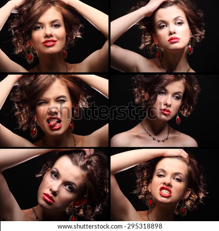 collage of beautiful girl with a scar on face and shoulder studio