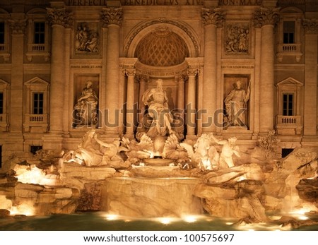 Trevi Fountain lit up at night, Rome, Lazio, Italy, Europe.