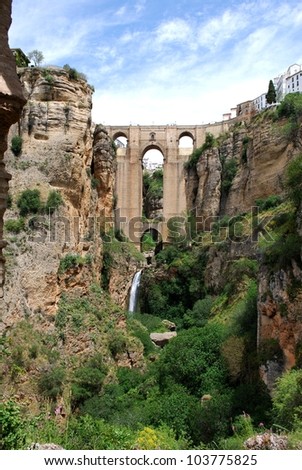 New bridge (Puente Nuevo) seen from within the gorge, Ronda, Malaga Province, Andalusia, Spain, Western Europe.