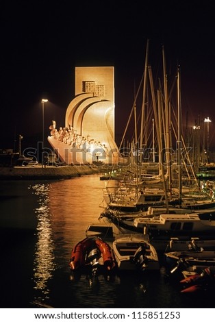 Monument to the discoveries and yacht basin at night, Lisbon, Portugal, Western Europe.
