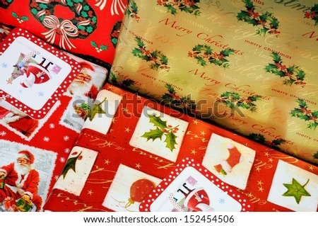 Gift wrapped Christmas presents, UK, Western Europe.