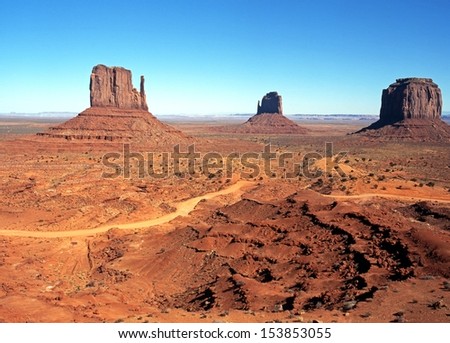 West Mitten, East Mitten and Merrick Butte, Monument Valley, Utah/Arizona, United States of America.
