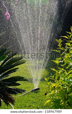 Oscillating garden sprinkler, Calahonda, Mijas Costa, Costa del Sol, Andalucia, Spain, Western Europe.