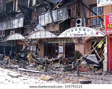 CALAHONDA, SPAIN - JUNE 22, 2006 - El Zoco fire damaged shopping centre, Calahonda, Spain, June 22, 2006.