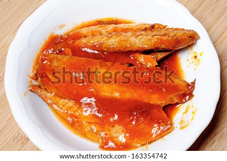 Mackerel filets in tomato sauce and olive oil (Filetes de Caballa del Sur), Calypso, Costa del Sol, Malaga Province, Andalucia, Spain, Western Europe.