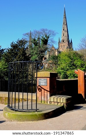 Lichfield, England - March 9, 2014 - Cathedral seen from Dam Street end of Minster Pool with Speakers Corner in the foreground, Lichfield, Staffordshire, England, UK, Western Europe, March 9, 2014.