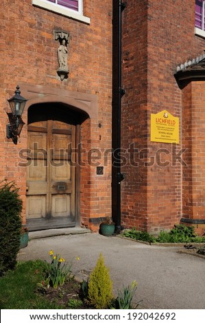 Lichfield, England - March 9, 2014 - Doorway to Lichfield Cathedral School, Lichfield, Staffordshire, England, UK, Western Europe, March 9, 2014.