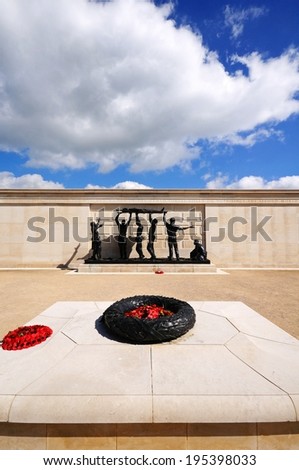 ALREWAS, UK - MAY 21, 2014 - Poppy wreaths inside the inner circle of the Armed Forces Memorial, National Memorial Arboretum, Alrewas, Staffordshire, England, UK, Western Europe, May 21, 2014.