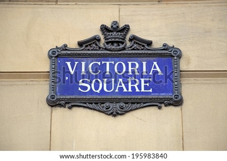 BIRMINGHAM, UNITED KINGDOM - MAY14, 2014 - Victoria Square sign on the wall of the Council House, Victoria Square, Birmingham, West Midlands, England, UK, Western Europe, May 14, 2014.