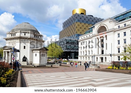 BIRMINGHAM, UK - MAY 14, 2014 - Hall of memory with Centenary square and Library of Birmingham to the rear, Centenary Square, Birmingham, England, UK, Western Europe, May 14, 2014.