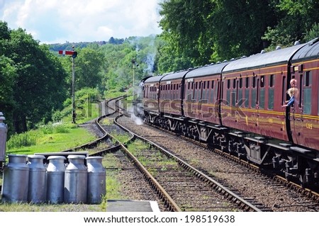 HAMPTON LOADE, UK - JUNE 5, 2014 - Great Western Railways designed 2-8-0 heavy goods locomotive at the railway station, Hampton Loade, Shropshire, England, UK, Western Europe, June 5, 2014.