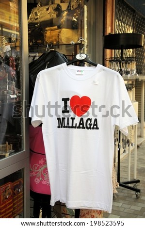 MALAGA, SPAIN - JUNE 14, 2014 - I love Malaga tee-shirt hanging outside a shop, Malaga, Costa del Sol, Malaga Province, Andalusia, Spain, Western Europe, June 14, 2014.