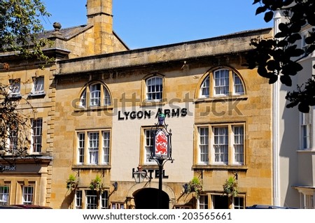 LOWER SLAUGHTER, UK - JUNE 12, 2014 - Front view of the Lygon Arms Hotel along the High Street, Chipping Campden, The Cotswolds, Gloucestershire, England, UK, Western Europe, June 12, 2014.