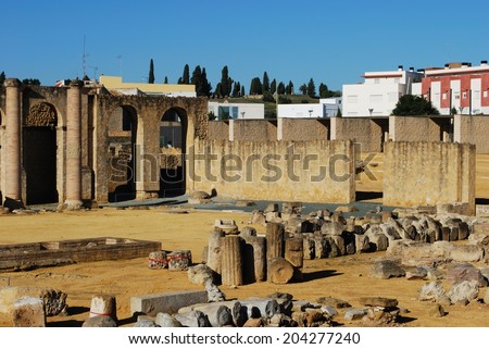 Roman theatre ruins, Santiponce, Italica, Seville, Andalucia, Spain, Western Europe.