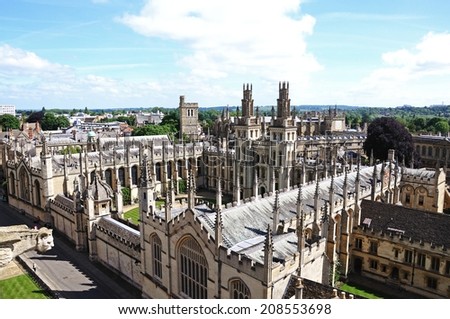 OXFORD, UNITED KINGDOM - JUNE 17, 2014 - Elevated view of All Souls College seen from the University church of St Mary spire, Oxford, Oxfordshire, England, UK, Western Europe, June 17, 2014.