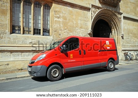 Oxford, United Kingdom - June 17, 2014 - Royal mail van outside the Bodleian library, Oxford, Oxfordshire, England, UK, Western Europe.