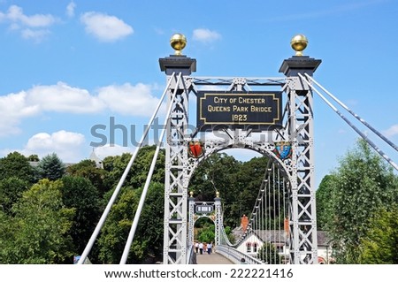 CHESTER, UNITED KINGDOM - JULY 22, 2014 - Plaque on the River Dee Suspension Bridge aka Queens Park Suspension bridge, Chester, Cheshire, England, UK, Western Europe, July 22, 2014.