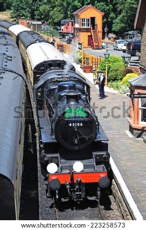 ARLEY, UK - JULY 10, 2014 - Steam Locomotive Ivatt Class 4 2-6-0 number 43106 at the railway station, Severn Valley Railway, Arley, Worcestershire, England, UK, Western Europe, July 10, 2014.