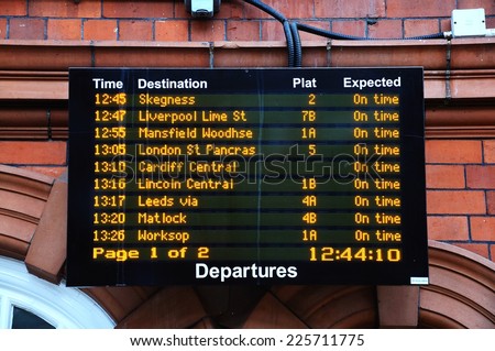 NOTTINGHAM, UNITED KINGDOM - JULY 17, 2014 - Departure board in the Nottingham railway station, Nottingham, Nottinghamshire, England, UK, Western Europe, July 17, 2014.