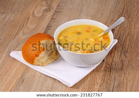 Fish chowder soup including smoked haddock, cod, salmon and vegetables served with a bread roll.