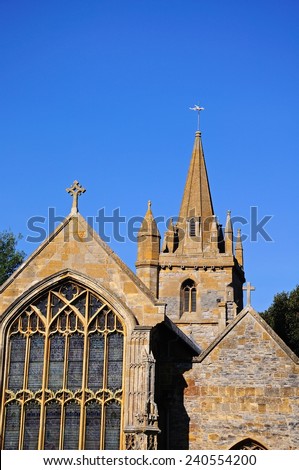 St Lawrence Church window and spire, Evesham, Worcestershire, England, UK, Western Europe.