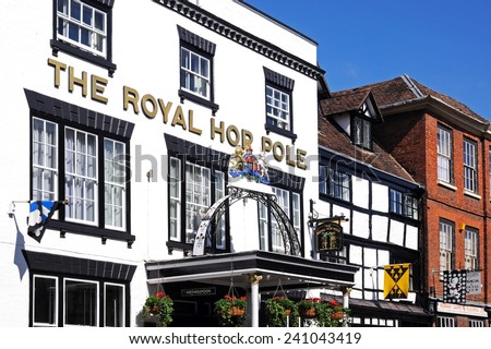 TEWKESBURY, UK - SEPTEMBER 8, 2014 - The Royal Hop Pole Hotel along Church Street, Tewkesbury, Gloucestershire, England, UK, Western Europe, SEPTEMBER 8, 2014.
