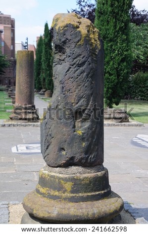Ruins of the Roman columns in the Roman Gardens, Chester, Cheshire, England, UK, Western Europe.