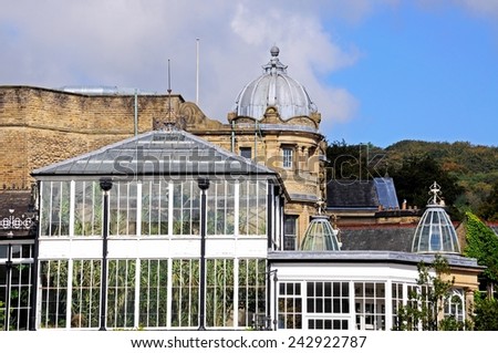 Pavilion buildings and side of Opera House in the Pavilion Gardens, Buxton, Derbyshire, England, UK, Western Europe.