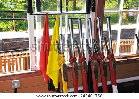ARLEY, UNITED KINGDOM - JULY 10, 2014 - Signal and point levers inside the signal box at the railway station, Arley, Worcestershire, England, UK, Western Europe, July 10, 2014.