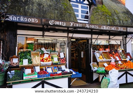 STAFFORD, UNITED KINGDOM - SEPTEMBER 10, 2014 - Fruit and vegetable shop in a thatched building along Mill Street in the town centre, Stafford, Staffordshire, England, UK, Europe, September 10, 2014.